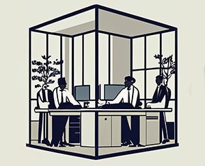 An image split into two sides on the left side draw a single cubical with one man inside on
