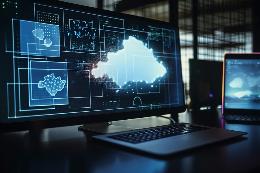 Computer screen displaying cloud concept, symbolizing cloud computing services and technology Computer screen displaying cloud concept, symbolizing cloud computing services and technology