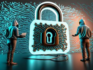 Lock_with_Cybercriminals_standing_by-300×226 AI generated image of hacker trying to get into a secured server setup by Cybertools